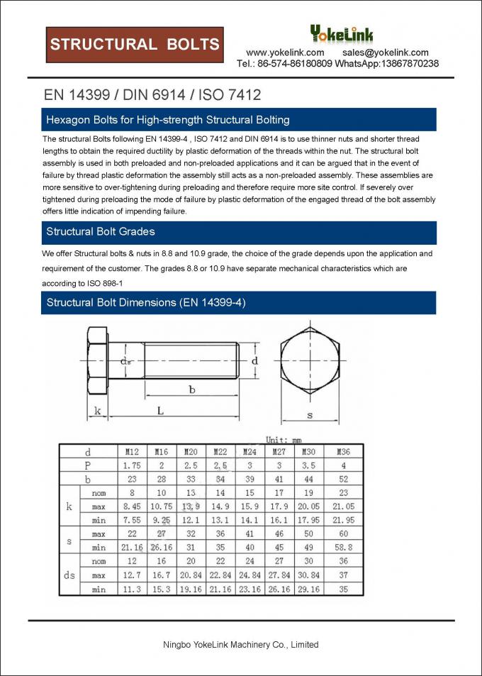 EN 14399-1 Preload Hex Bolt Fastener For Infrastructure,sewage plants